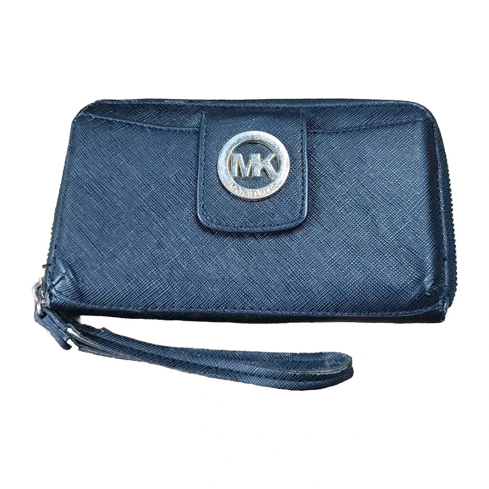 Michael Kors Wristlet Black Leather Double Zip‎ Around Wallet Snap Purse